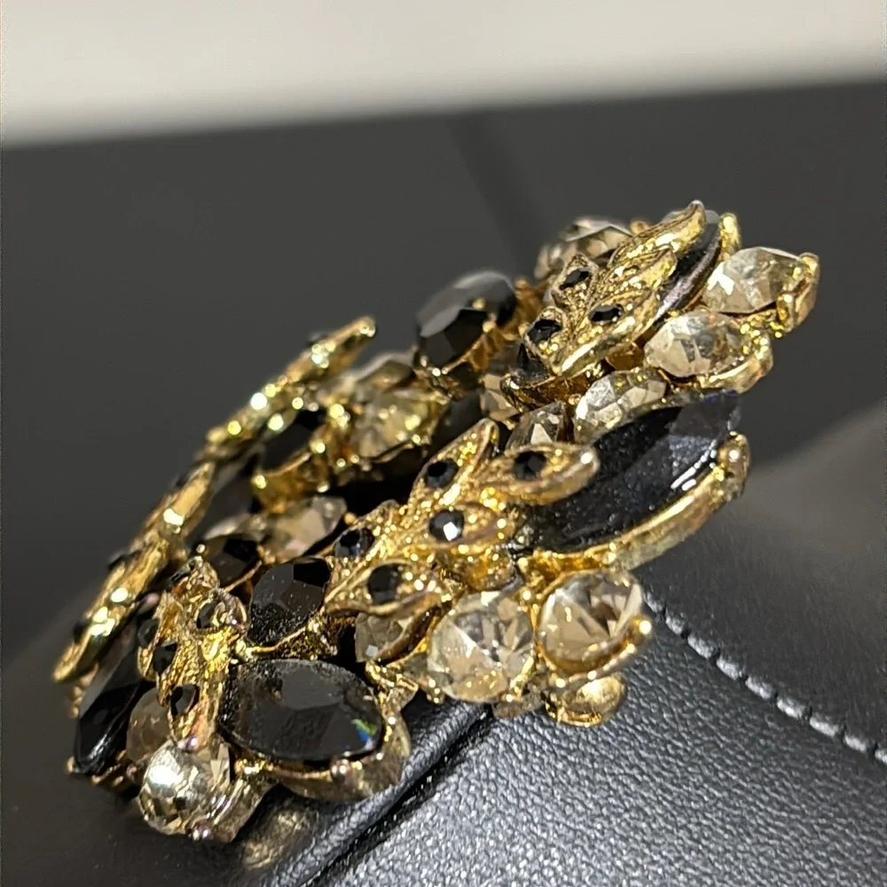 Vintage Chic Black and Gold Crystal Rhinestone Brooch